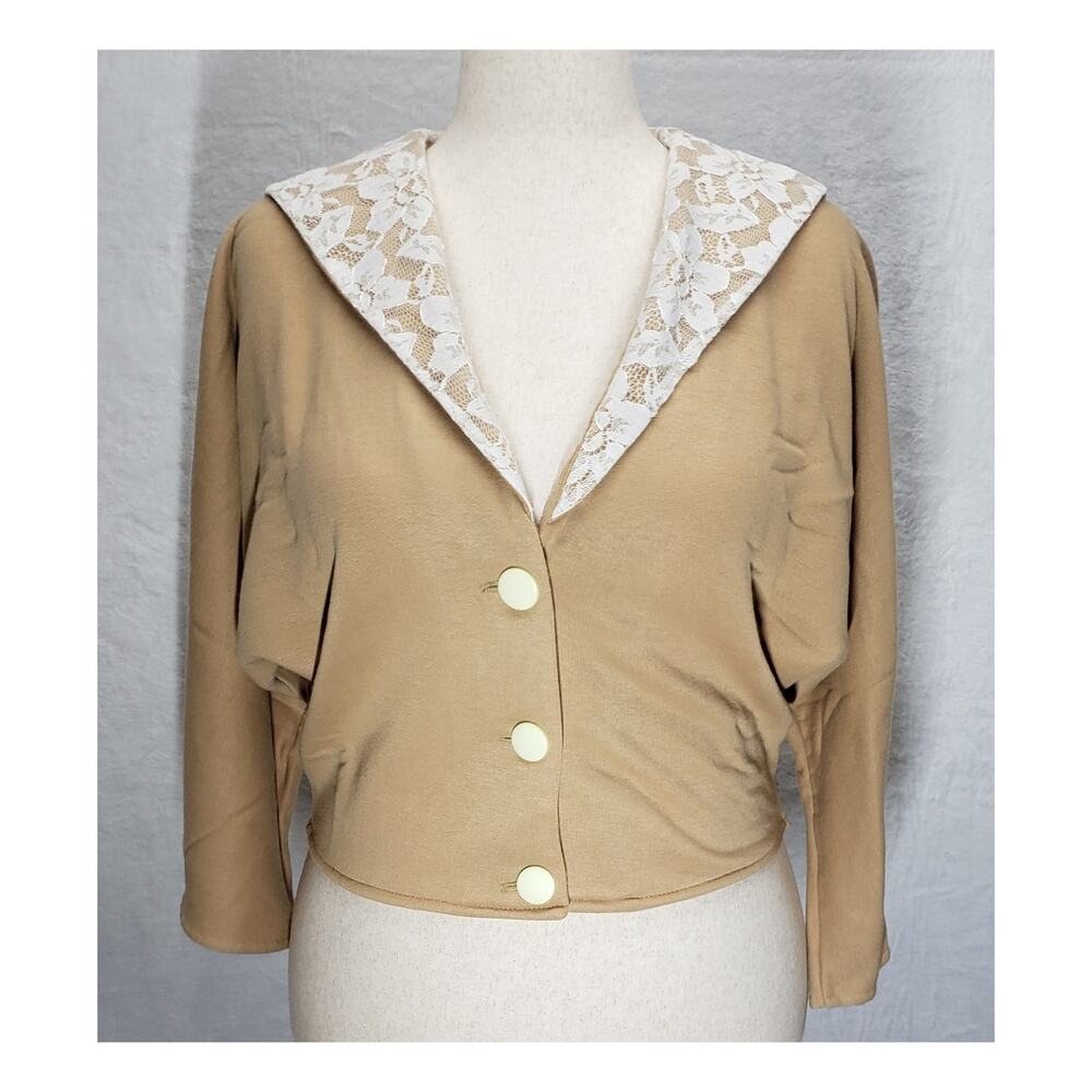 Honey Tan Lace Sailor Collar Sweater M/L Cottagecore Coquette Knit Cropped